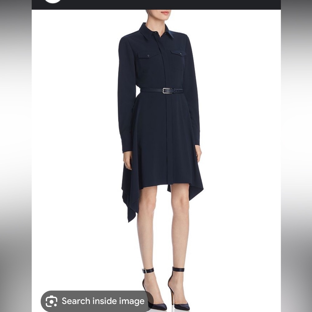 Elie Tahari navy blue Roxanne belted shirt dress size 4 hemmed one length